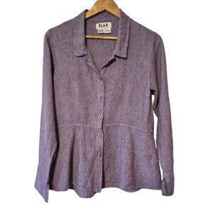 Flax 100% Linen Purple Button Front Blouse Top Size P